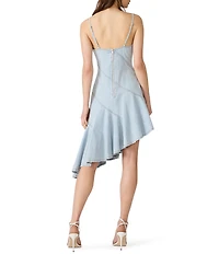 Steve Madden Ellis V-Neck Sleeveless Spiral Ruffle Asymmetrical Hem Denim Midi Dress