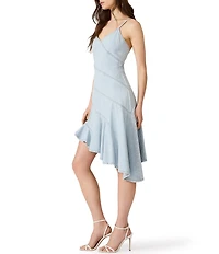 Steve Madden Ellis V-Neck Sleeveless Spiral Ruffle Asymmetrical Hem Denim Midi Dress
