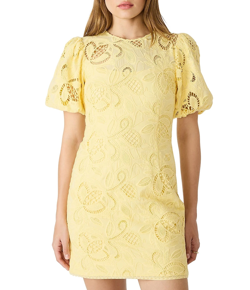 Steve Madden Elly Woven Lace Crew Neck Short Puff Sleeve Sheath Mini Dress