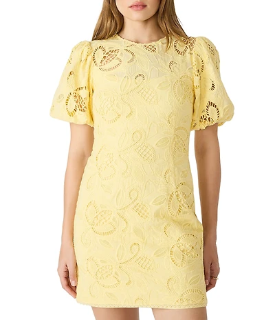 Steve Madden Elly Woven Lace Crew Neck Short Puff Sleeve Sheath Mini Dress