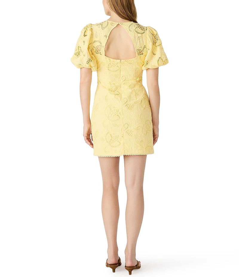 Steve Madden Elly Woven Lace Crew Neck Short Puff Sleeve Sheath Mini Dress
