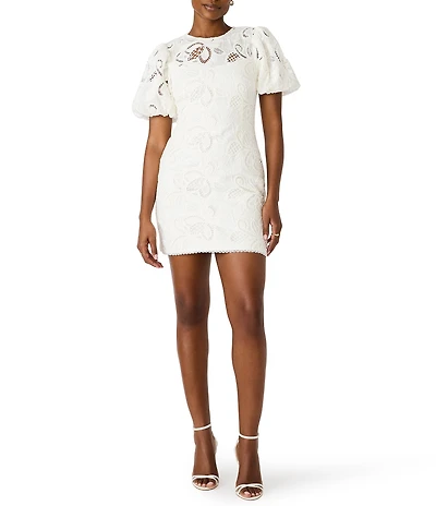 Steve Madden Elly Woven Lace Crew Neck Short Puff Sleeve Sheath Mini Dress