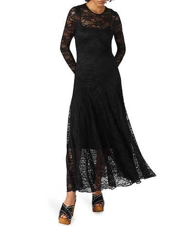 Steve Madden Elona Illusion Neck Long Sleeve Lace Knit Maxi Dress