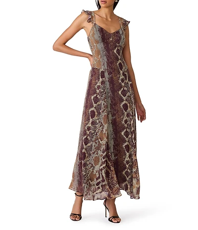 Steve Madden Estela Snake Print Sweetheart Neck Sleeveless Chiffon Maxi Dress