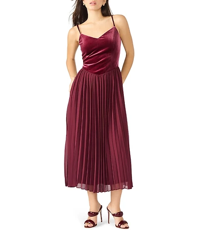Steve Madden Estrella V-Neck Spaghetti Strap Pleated Midi Dress