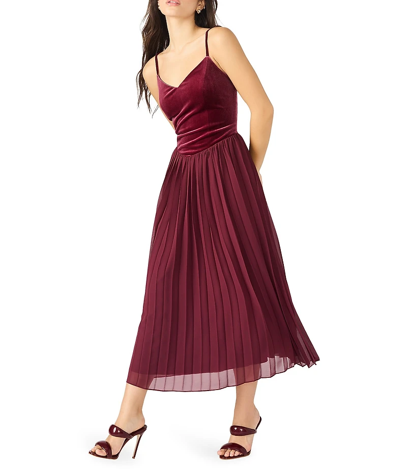 Steve Madden Estrella V-Neck Spaghetti Strap Pleated Midi Dress