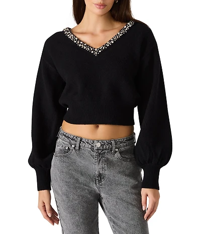 Steve Madden Evilyn Embellished V-Neck Long Sleeve Cropped Sweater