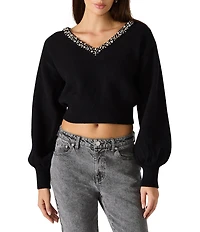 Steve Madden Evilyn Embellished V-Neck Long Sleeve Cropped Sweater