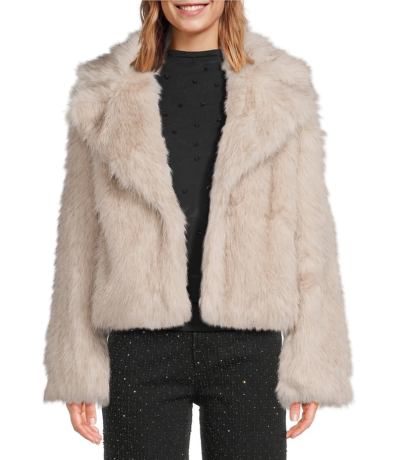 Steve Madden Faux Fur Woven Notch Lapel Collar Long Sleeve Cropped Jacket