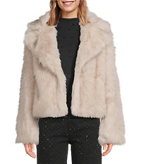 Steve Madden Faux Fur Woven Notch Lapel Collar Long Sleeve Cropped Jacket