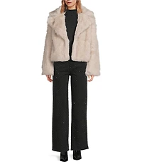 Steve Madden Faux Fur Woven Notch Lapel Collar Long Sleeve Cropped Jacket