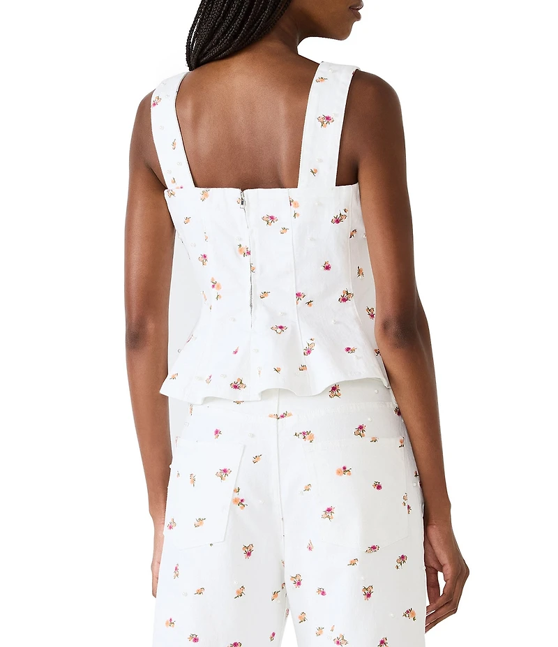 Steve Madden Fiorella Floral Embroidered Pearl Embellished Square Neck Sleeveless Peplum Denim Coordinating Top