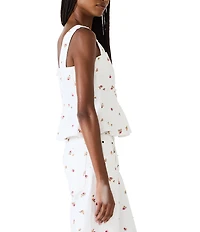 Steve Madden Fiorella Floral Embroidered Pearl Embellished Square Neck Sleeveless Peplum Denim Coordinating Top