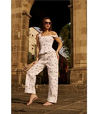 Steve Madden Fiorella Floral Embroidered Pearl Embellished Square Neck Sleeveless Peplum Denim Coordinating Top