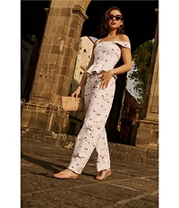 Steve Madden Fiorella Floral Embroidered Pearl Embellished Square Neck Sleeveless Peplum Denim Coordinating Top