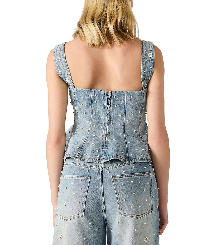 Steve Madden Fiorella Pearl Floral Pattern Embellished Peplum Denim Coordinating Top