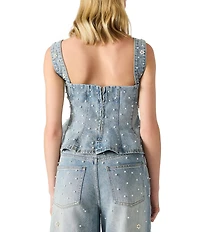 Steve Madden Fiorella Pearl Floral Pattern Embellished Peplum Denim Coordinating Top