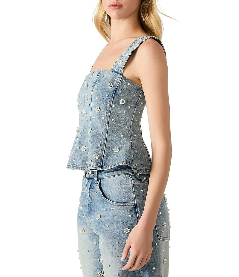 Steve Madden Fiorella Pearl Floral Pattern Embellished Peplum Denim Coordinating Top