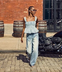 Steve Madden Fiorella Pearl Floral Pattern Embellished Peplum Denim Coordinating Top