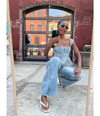 Steve Madden Fiorella Pearl Floral Pattern Embellished Peplum Denim Coordinating Top