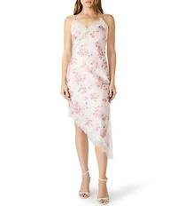 Steve Madden Floral Printed V-Neck Sleeveless Asymmetrical Hem Satin Slip Dress
