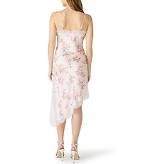 Steve Madden Floral Printed V-Neck Sleeveless Asymmetrical Hem Satin Slip Dress