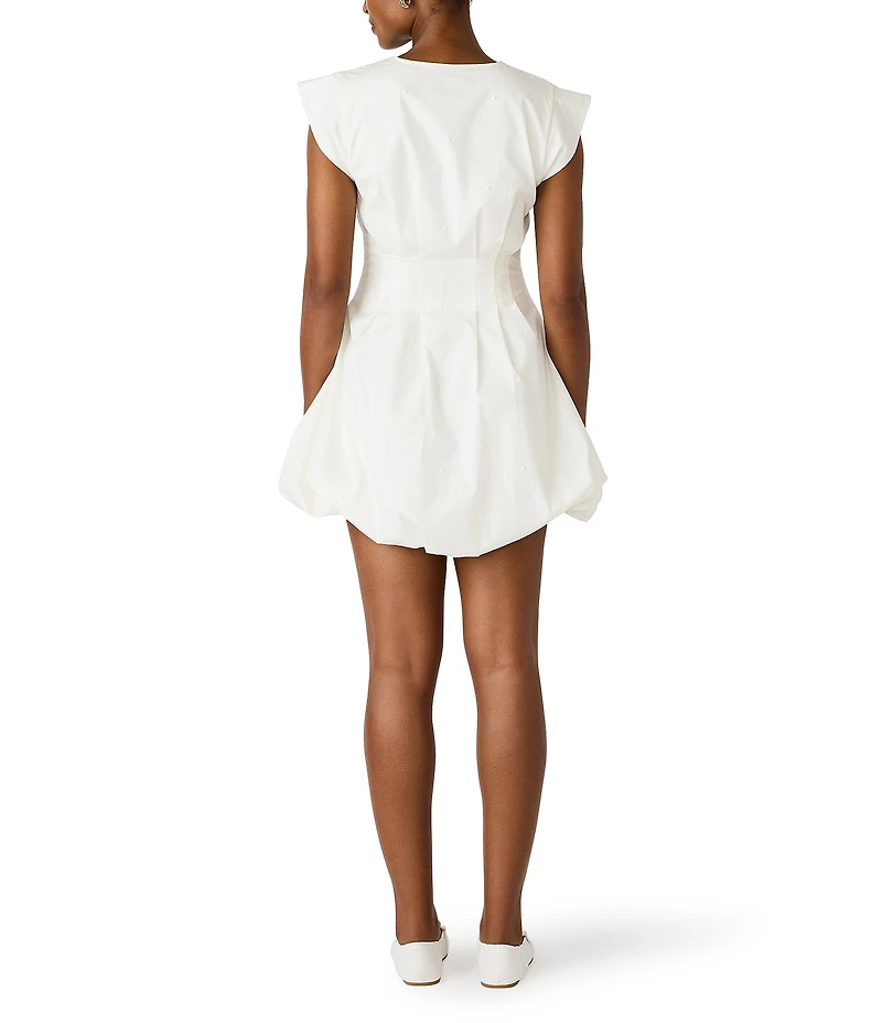 Steve Madden Gale V-Neck Cap Sleeve Bubble Hem Pearl Poplin Mini Dress