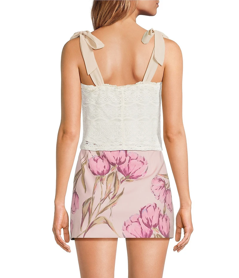 Steve Madden Georgianna Square Neckline Ribbon Strap Sleeveless Lace Top