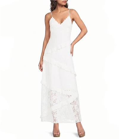 Steve Madden Giah Floral Lace and Eyelet V-Neck Sleeveless Ruffled Maxi Dress