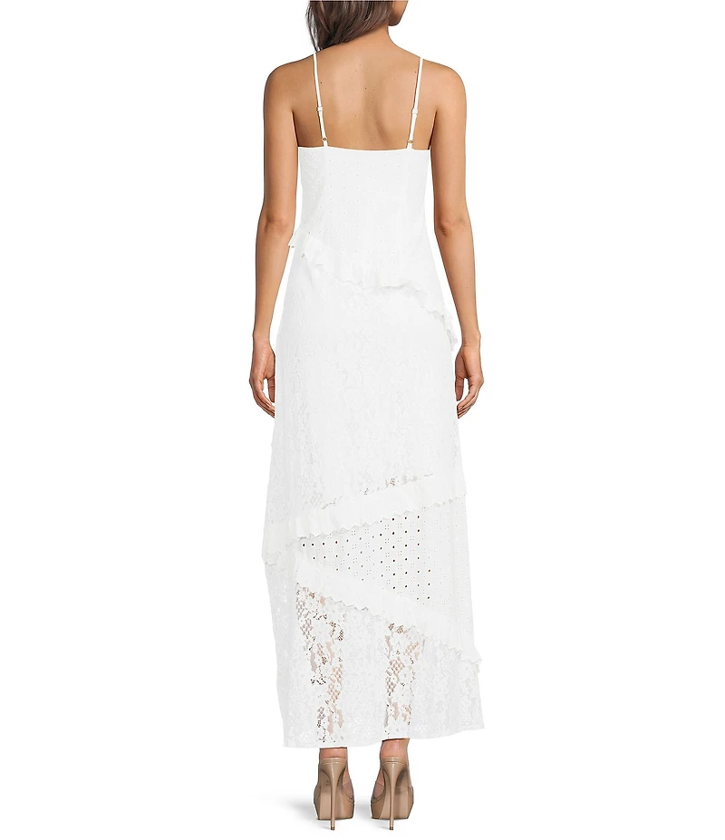 Steve Madden Giah Floral Lace and Eyelet V-Neck Sleeveless Ruffled Maxi Dress