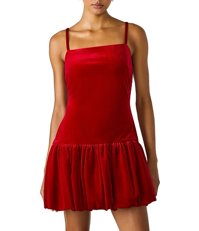 Steve Madden Giovanna Stretch Velvet Square Neck Sleeveless Bubble Hem Mini Dress