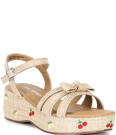Steve Madden Girls' J-Magenta Raffia Bow Cherry Lemon Printed Wedge Sandals (Youth)