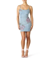 Steve Madden Gisella Rhinestone Floral Scoop Neck Sleeveless Fitted Denim Mini Dress