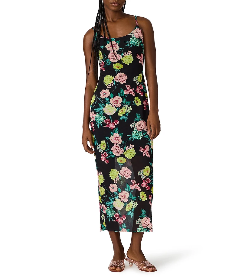 Steve Madden Giselly Floral Printed Scoop Neck Sleeveless Bodycon Mesh Midi Dress