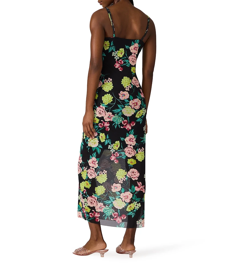 Steve Madden Giselly Floral Printed Scoop Neck Sleeveless Bodycon Mesh Midi Dress