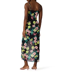 Steve Madden Giselly Floral Printed Scoop Neck Sleeveless Bodycon Mesh Midi Dress
