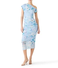 Steve Madden Gracelyn Floral Print Asymmetrical Shoulder Short Sleeve Bodycon Mesh Midi Dress