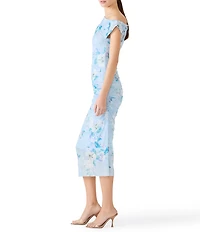 Steve Madden Gracelyn Floral Print Asymmetrical Shoulder Short Sleeve Bodycon Mesh Midi Dress