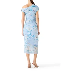 Steve Madden Gracelyn Floral Print Asymmetrical Shoulder Short Sleeve Bodycon Mesh Midi Dress