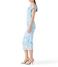 Steve Madden Gracelyn Floral Print Asymmetrical Shoulder Short Sleeve Bodycon Mesh Midi Dress