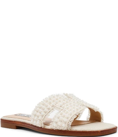 Steve Madden Hadyn Frayed Fabric Pearl Embellished Slide Sandals