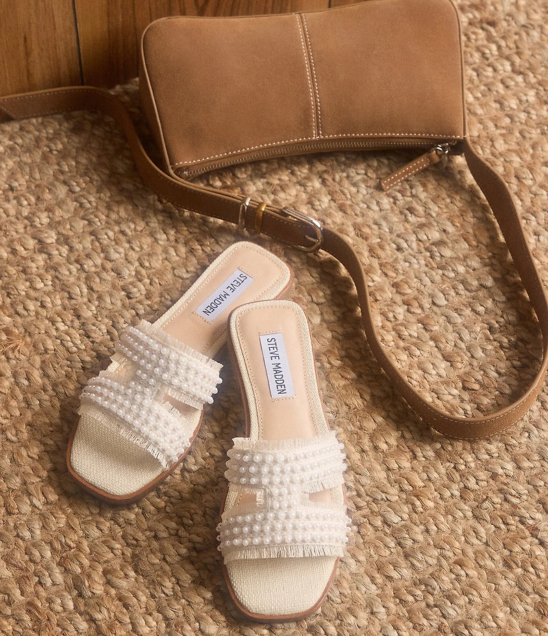 Steve Madden Hadyn Frayed Fabric Pearl Embellished Slide Sandals