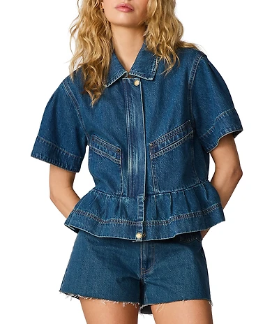 Steve Madden Haezel Collared Short Sleeve Peplum Denim Coordinating Jacket