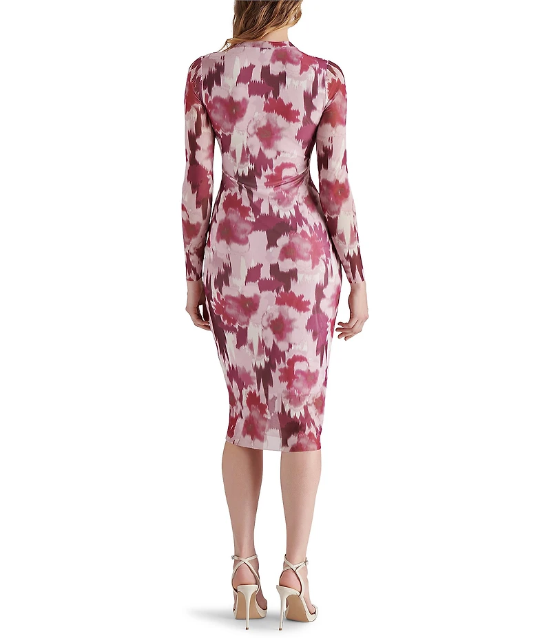 Steve Madden Hailee Floral Printed Mesh Crew Neck Long Sleeve Midi Dress