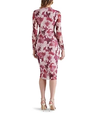 Steve Madden Hailee Floral Printed Mesh Crew Neck Long Sleeve Midi Dress