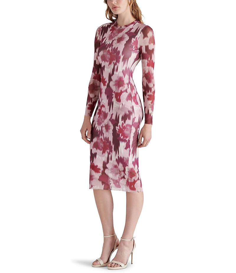 Steve Madden Hailee Floral Printed Mesh Crew Neck Long Sleeve Midi Dress