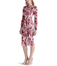 Steve Madden Hailee Floral Printed Mesh Crew Neck Long Sleeve Midi Dress