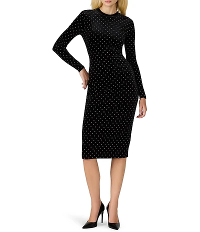 Steve Madden Hailee Studded Crew Neck Long Sleeve Velvet Midi Bodycon Dress