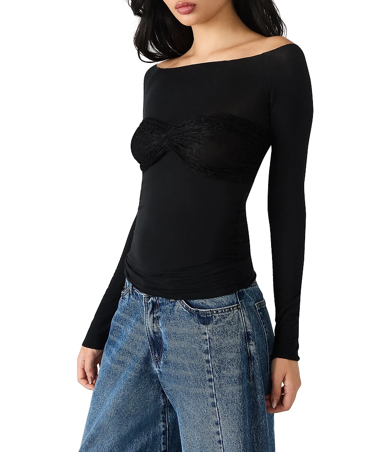 Steve Madden Hailey Lace Off-The-Shoulder Long Sleeve Jersey Knit Top
