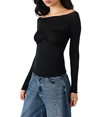 Steve Madden Hailey Lace Off-The-Shoulder Long Sleeve Jersey Knit Top